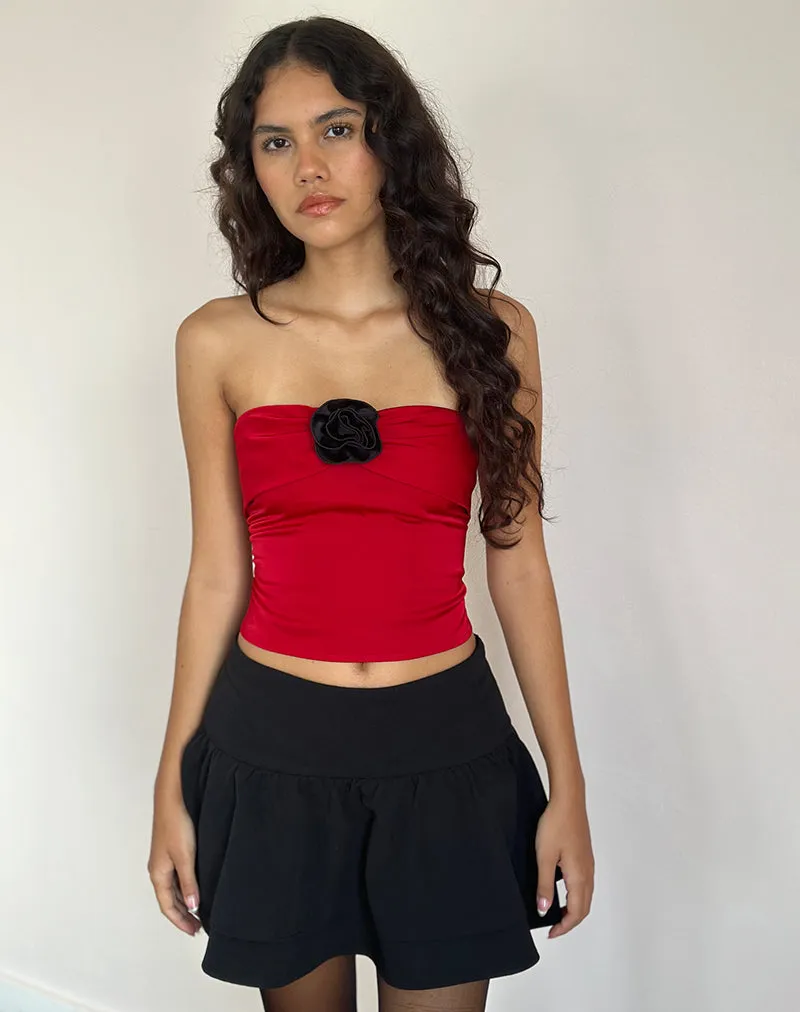 Astrum Satin Bandeau Top in Red with Black Rose