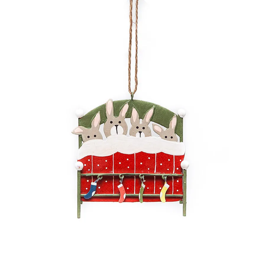 Bunnies in Bed with a Red Blanket Hanging Christmas Decoration from Shoeless Joe