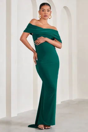 Carmen | Robe longue de maternité vert bouteille encolure bardot