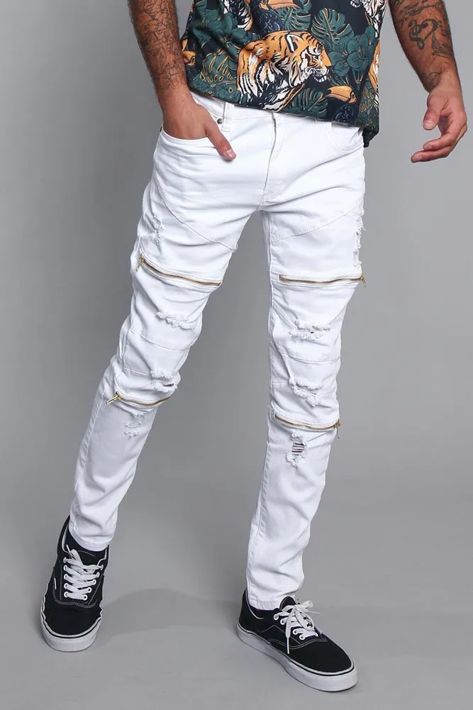 Distressed Zipper Denim Jeans