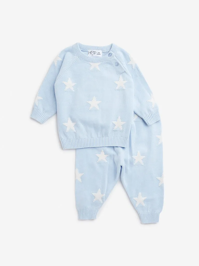 HOP Baby Light Blue Printed Cotton Sweater with Joggers Set