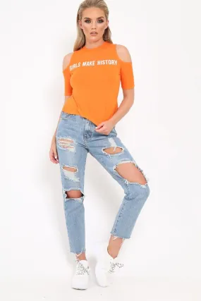 Orange Slogan Cold Shoulder Cropped T Shirt - Darlin