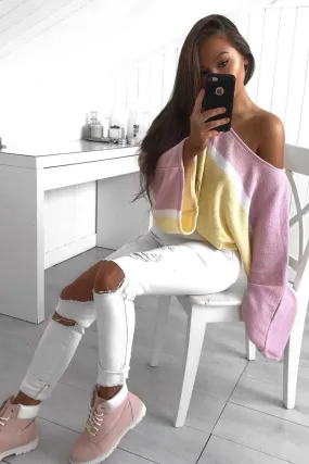 Pink White and Yellow Stripe Contrast Jumper - Emylee