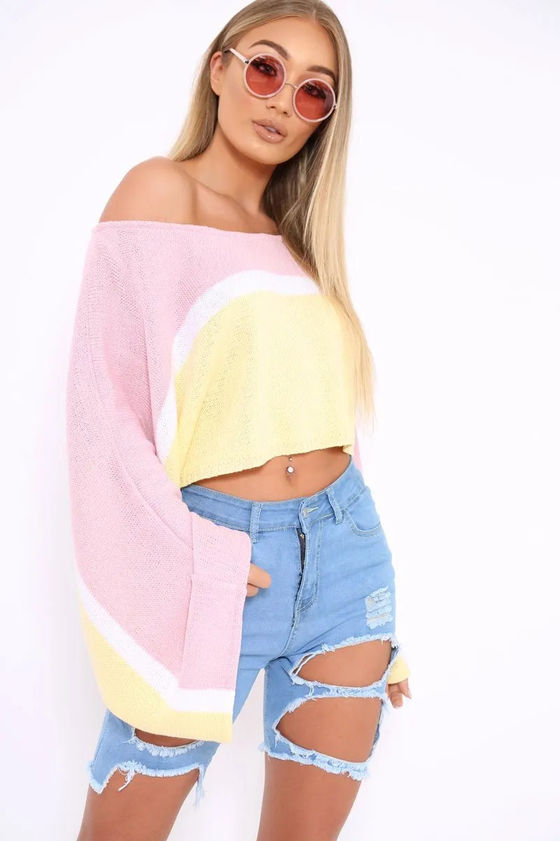 Pink White and Yellow Stripe Contrast Jumper - Emylee