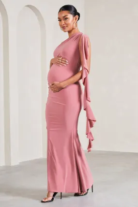 Rosalie | Robe longue de grossesse asymétrique rose poudré avec volants