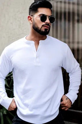 White Textured Henley Neck T-Shirt