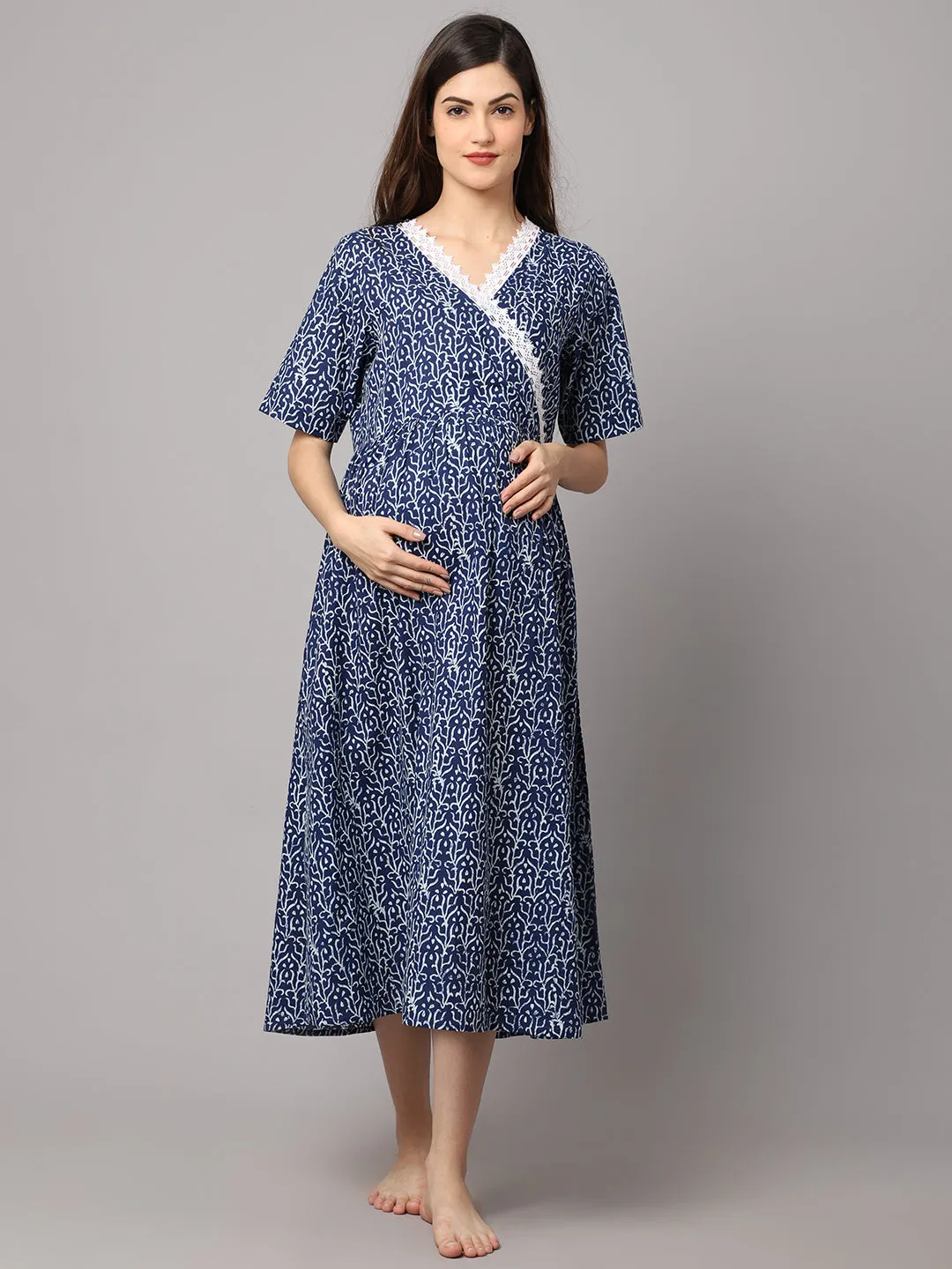 Women's Cotton Lace Printed Pre and Post Maternity Dress with Feeding